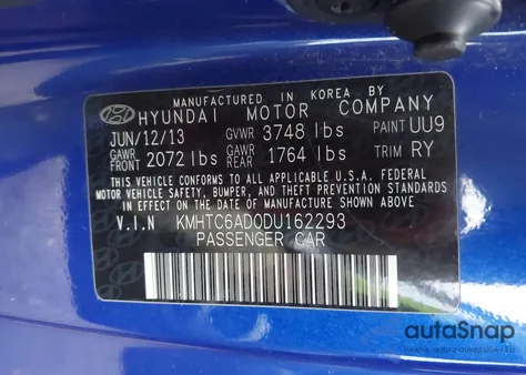 2013 Hyundai Veloster Base W/Black z USA, uszkodzony, nr VIN KMHTC6AD0DU162293